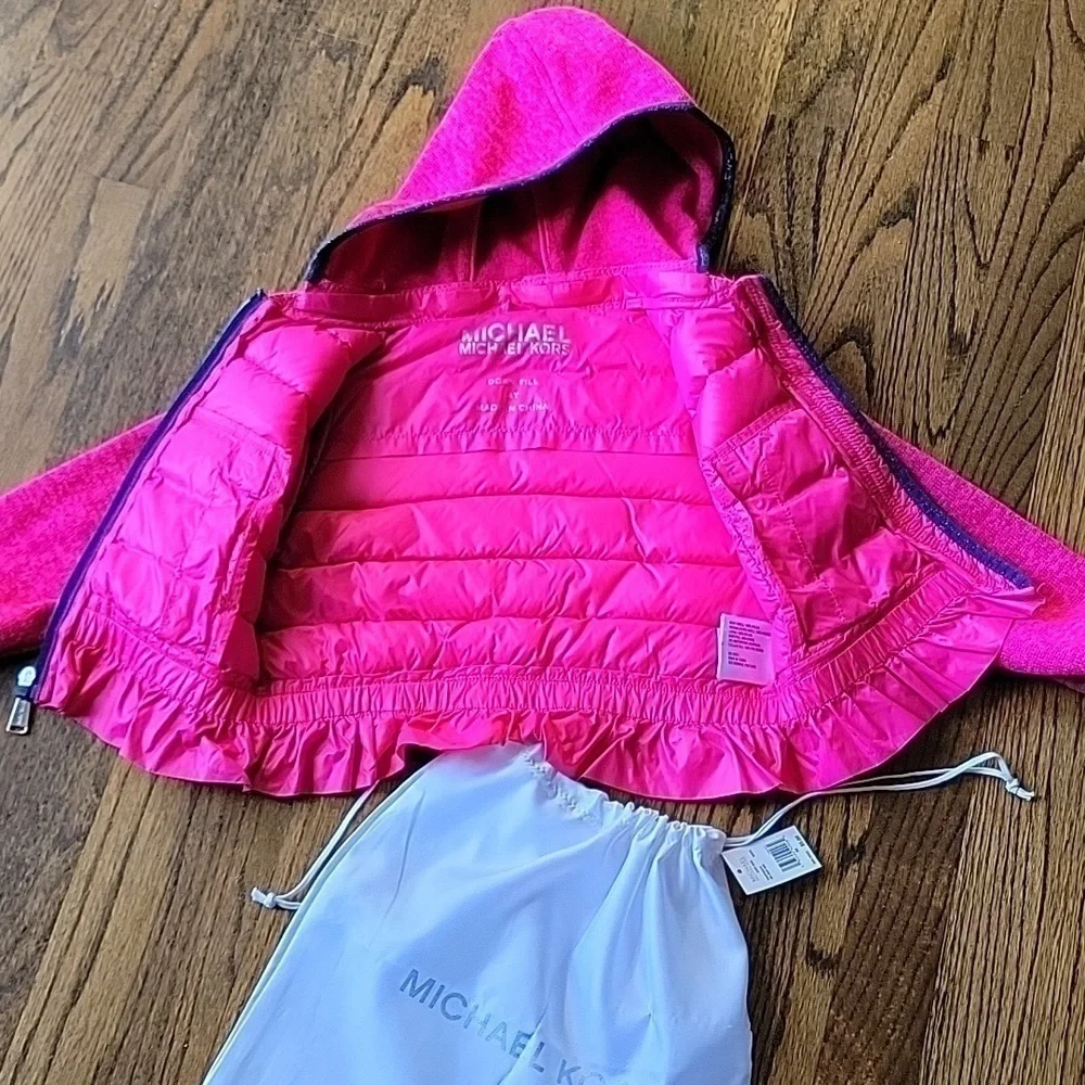 Michael Kors Hot Pink Puffer Ruffle Down Removable Hood Toddler Sz4 Light Jacket